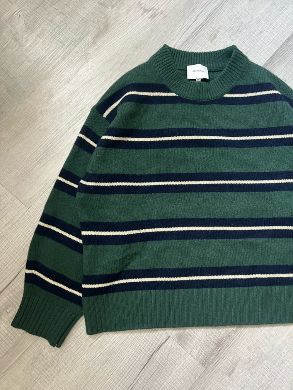 REFORMATION Cove Cashmere Oversized Crew Dark Pine Multi Stripe Green Sweater XS - Picture 9 of 16